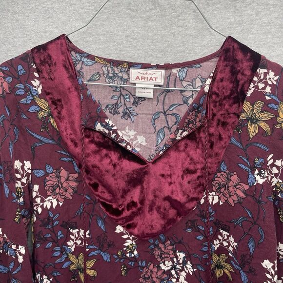 Ariat Roulette Top Womens Small Maroon Long Sleeve Rayon Floral Bohemian Tassels - Picture 2 of 6